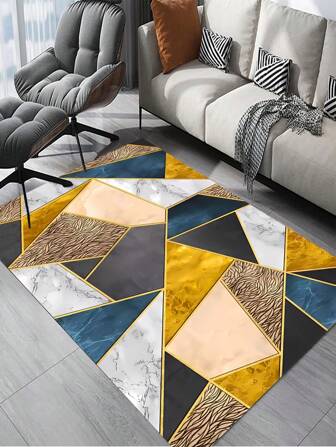 1pc Geometric Pattern Series Carpet, Luxury Gold Marble Texture High Definition Printed Carpet, Suitable For Modern Indoor Living Room, Bedroom, Office, Lounge, Entrance, Anti-Slip Carpet, Lightweight Polyester Washable Carpet