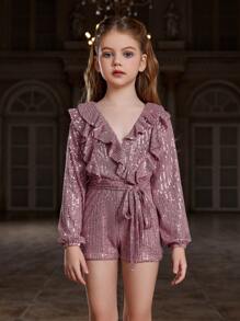 Tween Girls' Long Sleeve Shiny Party Jumpsuit With Overlapping Collar - Dusty Pink - View 6