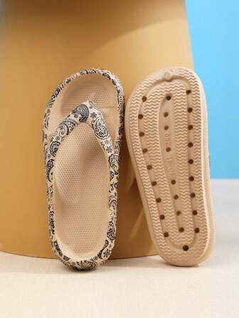 Women's Eva Thick-soled Flower Print Slipper, Soft And Antislip Lady's Open Toe Flat Slippers For Bedroom And Bathroom, Classic Printed One-piece Molding Slide Flat Sandals