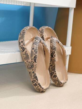 Women's Eva Thick-soled Flower Print Slipper, Soft And Antislip Lady's Open Toe Flat Slippers For Bedroom And Bathroom, Classic Printed One-piece Molding Slide Flat Sandals