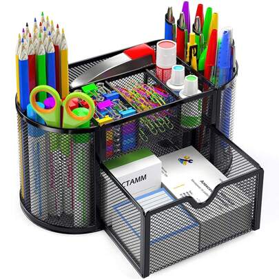 Organizador de Escritorio de Malla,Organizador de Suministros de Oficina con 9 Compartimentos y Cajón,Organizador de Accesorios de Escritorio,para el Hogar y la Oficina