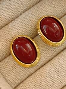 法式復古橢圓形耳環，簡約紅色優雅耳環，高端香港式復古耳環，適用於女性 - 酒紅色 - 查看 1