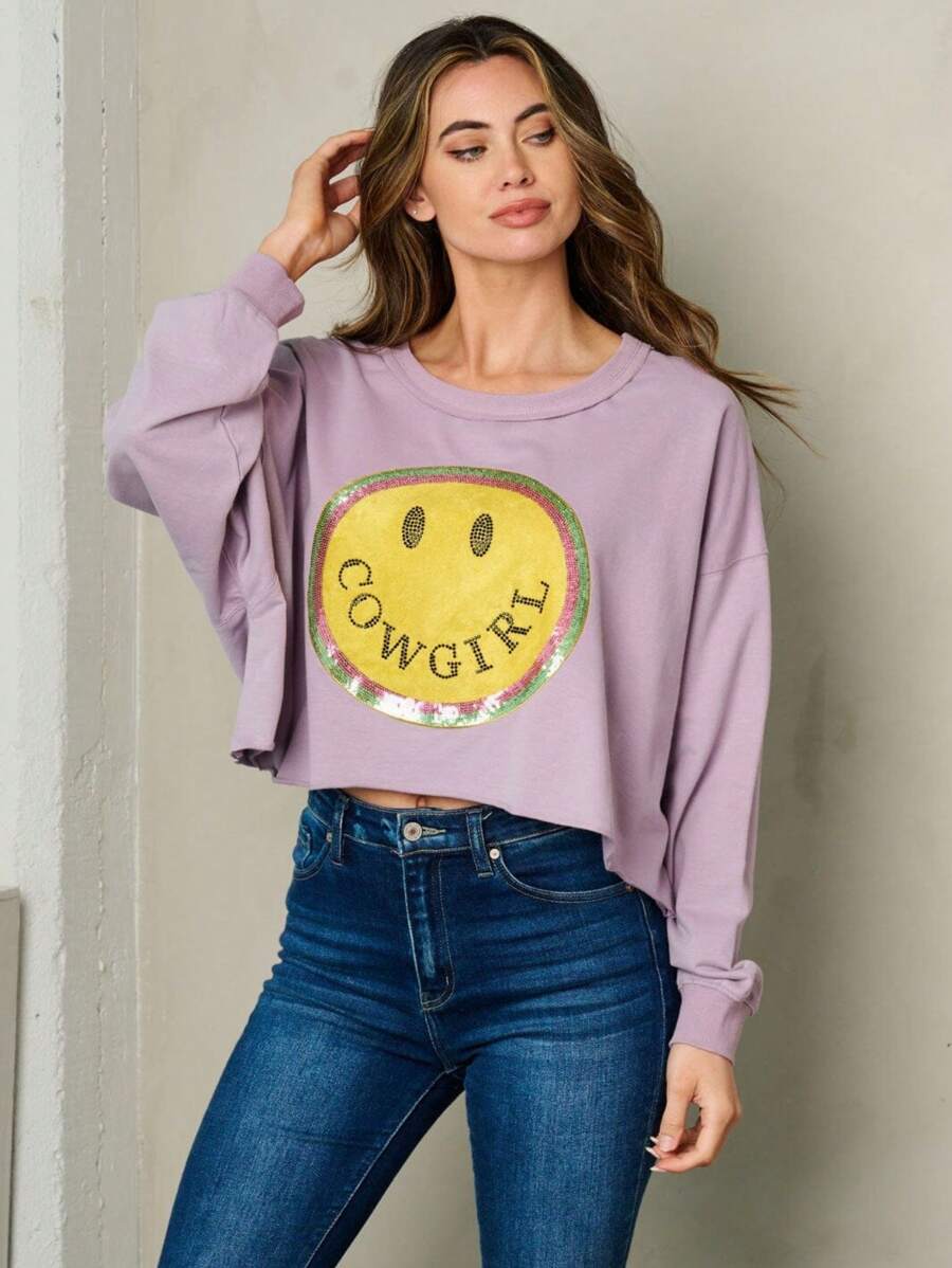 Sudadera sueter con bordado happy face cara sonriente y lentejuelas - Morado - Ver 1