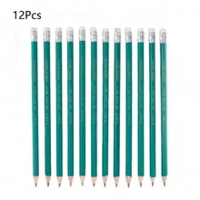 1 Set Of 12pcs Hb Plastic Pencils With Eraser Tip, Wooden Drawing Pen For Students And Kids Sketching - Green - View 4