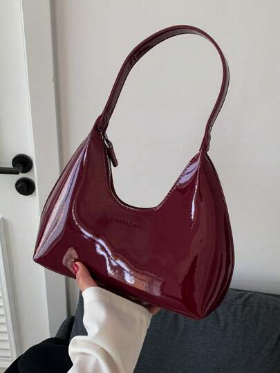 French Vintage Style Shiny & Minimalist Crescent Moon Shaped Handbag/Shoulder Bag For Women Gift Bag, Fashionable Burgundy Bag