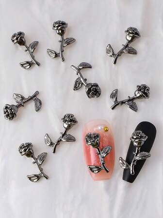 10 piezas de decoraciones de uñas de aleación con diseño de corona y flor de rosa, accesorio de belleza DIY para uso diario/festivo para mujeres, encantos de uñas negros y plateados, gemas de uñas, suministros de uñas