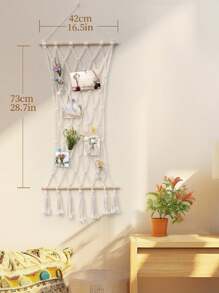 SUMGAR Makramee Wandbehang Boho Fotowand Collage mit 30 Holzklammern Gewebte Wandrahmen Modern Natur Bilderrahmen Collage Hochzeitsfeier Fotoseil Hängender Boho Deko, 42 x 100cm