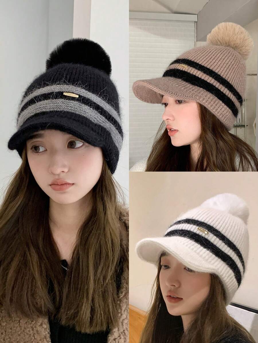1 Miếng Của phụ nữ Sang trọng Mũ len Với Lông thỏ Pom Pom , Ấm áp Đen Sọc Mũ Brim Mũ Beanies Đối với Mặc hàng ngày In Mùa Thu /đông Retro - màu đen - Xem 1