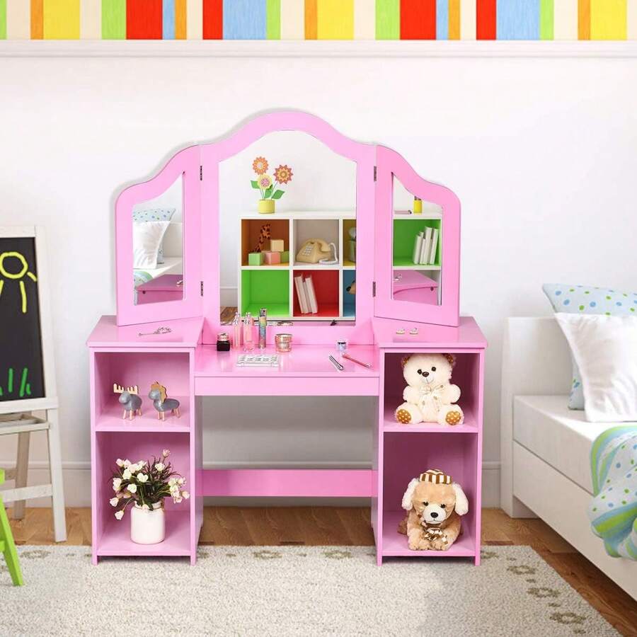 Children's Dressing Table With Four Storage Spaces, Dressing Table With Strong Load-Bearing Capacity, Dressing Table With Removable Triple Mirrors, Dressing Table For 3-8 Year Old Children, Color Selection (Pink), Gift For Children - Pink - View 1