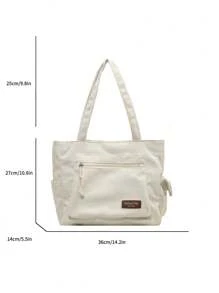 1 pieza Bolso de hombro de pana de gran capacidad con decoración de parche de letra de unicolor, con múltiples bolsillos, bolsa de compras, regalo del Día de la Madre para mamá, bolso plegable para la escuela, el trabajo, los viajes, bolso escolar para graduados, adolescentes, universitarios y estudiantes de secundaria, nuevo bolso de otoño e invierno para mujeres, el mejor bolso de otoño, bolso y mochila escolar literaria para mujeres o estudiantes, perfecto para libros, compras, vuelta al colegio y talla grande