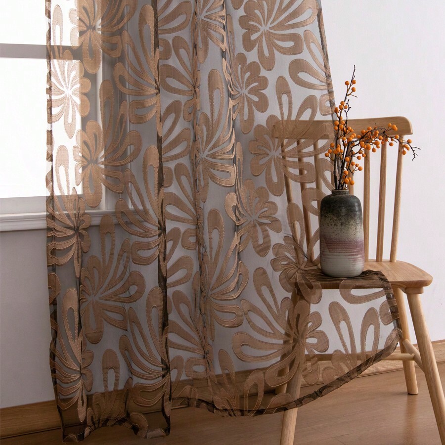 1pc Jacquard Sheer Curtains For Home Decor With Floral Pattern, Suitable For Living Room
