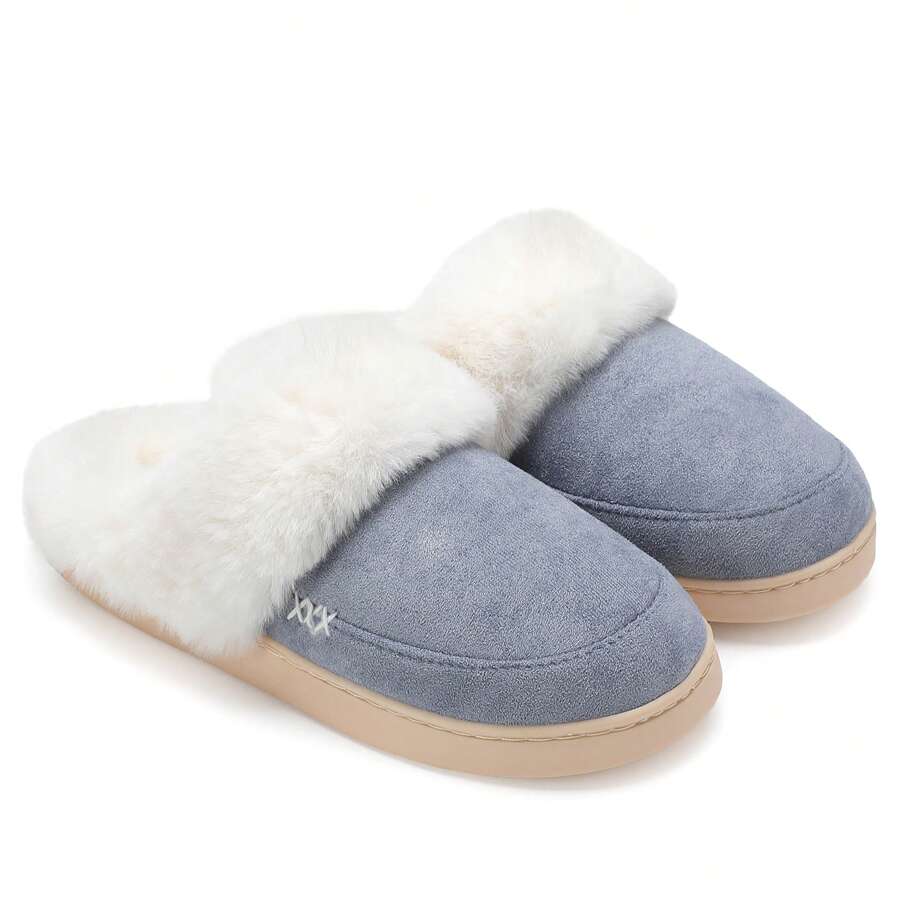 NineCiFun Men and women's home plush lining with suede upper, rubber sole slippers for warmth and comfort, thick sole indoor and outdoor slippers - 淺藍色 - 查看 1