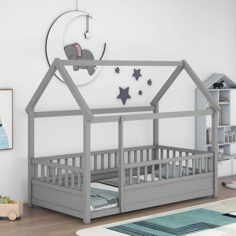 Twin Size House Bed, Solid Wood Floor Bed Frame