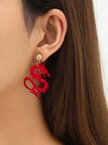 1pair Chinese Style 2024 Year Of Dragon Golden Red Dragon Shape Earrings, Exquisite & Elegant Women's Accessory For The Chinese New Year Or Birth Year Of The Dragon - Red - View 6