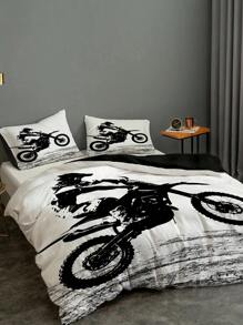 3pcs Motorcycle Print Polyester Comforter Cover Set (1 Comforter Cover + 2 Pillowcase), Soft And Breathable Bedding Set For Bedroom Dorm Room