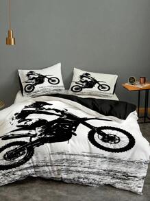 3pcs Motorcycle Print Polyester Comforter Cover Set (1 Comforter Cover + 2 Pillowcase), Soft And Breathable Bedding Set For Bedroom Dorm Room