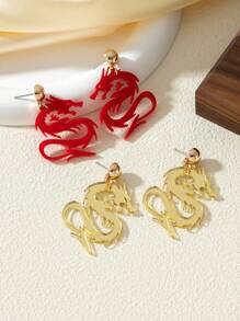 1pair Chinese Style 2024 Year Of Dragon Golden Red Dragon Shape Earrings, Exquisite & Elegant Women's Accessory For The Chinese New Year Or Birth Year Of The Dragon - Red - View 1