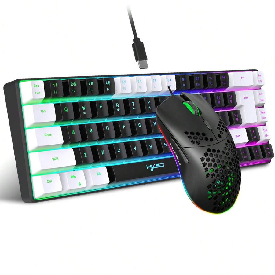 HXSJ Wired Keyboard And Mouse Combo, 68-Key Membrane Keyboard, Black & White Dual-Color RGB Backlight, USB Plug & Play, ABS Material, Suitable For Home, Office And Gaming (Model: V200 + J900) - Black - View 1