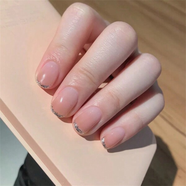 Upgrade Your Look With A 24pcs/set Short Square Shaped, Fashionable, Personality, French Gradient, Metallic Pink Glitter Full Coverage Nail Art Set Perfect For Parties, Dances, And Daily Wear