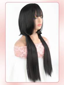 日常角色扮演適用,長直黑色原宿假髮,可抗熱合成纖維發質,水母頭款式 - 黑色 - 查看 3