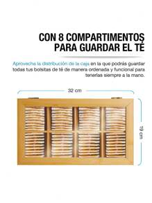 Casa Litus Caja Organizadora para Té Fabricada 100% con Madera de Bambú, 8 Compartimentos, Diseño Minimalista, Compacto y Multifuncional, Caja de Almacenamiento para Tisanas