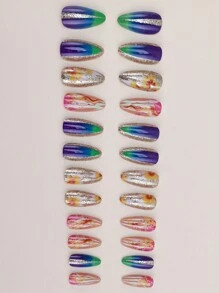 秋冬漸變楓葉杏仁形狀假指甲24入+果凍膠1入+美甲文件1入 - 彩色 - 查看 4