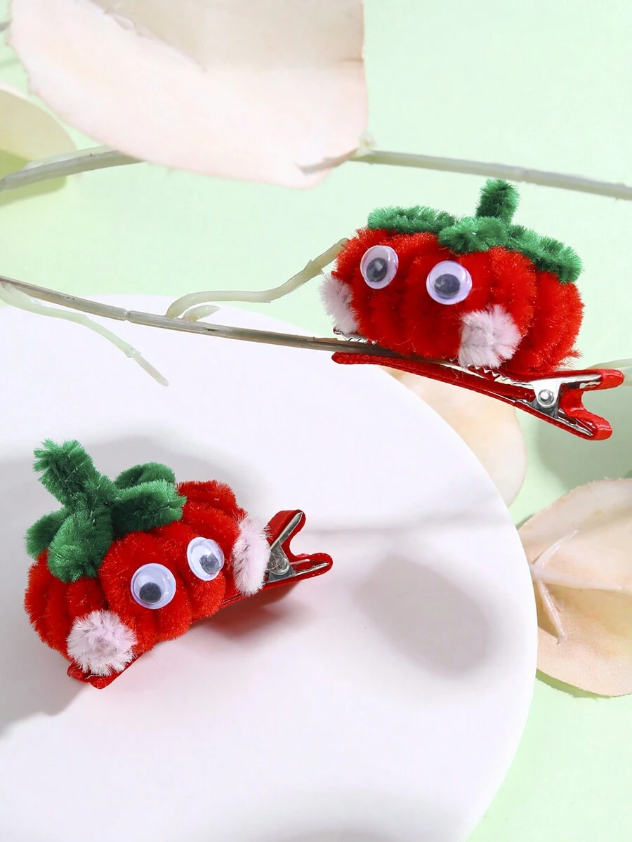 2pcs/pack Girls' Red Hair Clip Set With Cute & Realistic Tomato Design For Daily Hairstyling