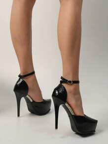 女士春秋時尚13cm高跟鞋,空洞踝帶性感夜店表演派對鞋配防水平台和粗鞋跟,完美適用於夏季 - 黑色 - 查看 3