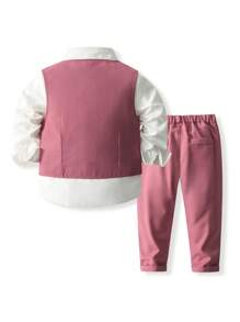 KIMOCAT Con trai Suit trang trọng Bộ Với Lá , Dài Quần Và Tay áo dài Áo sơ mi , Màu thuần , 3 cái/bộ - Hồng - Xem 2