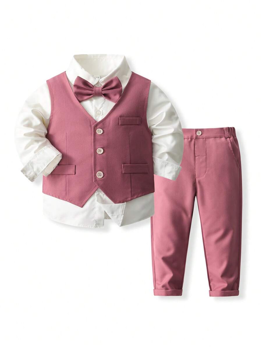 KIMOCAT Con trai Suit trang trọng Bộ Với Lá , Dài Quần Và Tay áo dài Áo sơ mi , Màu thuần , 3 cái/bộ - Hồng - Xem 1