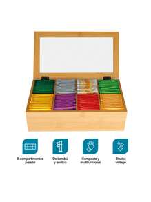 Casa Litus Caja Organizadora para Té Fabricada 100% con Madera de Bambú, 8 Compartimentos, Diseño Minimalista, Compacto y Multifuncional, Caja de Almacenamiento para Tisanas