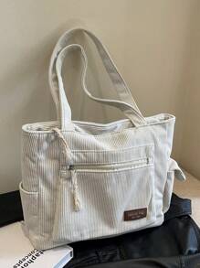 1 pieza Bolso de hombro de pana de gran capacidad con decoración de parche de letra de unicolor, con múltiples bolsillos, bolsa de compras, regalo del Día de la Madre para mamá, bolso plegable para la escuela, el trabajo, los viajes, bolso escolar para graduados, adolescentes, universitarios y estudiantes de secundaria, nuevo bolso de otoño e invierno para mujeres, el mejor bolso de otoño, bolso y mochila escolar literaria para mujeres o estudiantes, perfecto para libros, compras, vuelta al colegio y talla grande