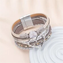 1 件波西米亚多层皮革手链女士精美爱情配饰女士奢华珠宝袖口腕带 - 灰色 - 查看 5