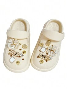 12pcs/set Metal Decorated Pearl Flower Shoe Charms Compatible With Clogs - Gold - View 3