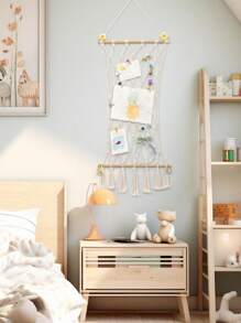 SUMGAR Makramee Wandbehang Boho Fotowand Collage mit 30 Holzklammern Gewebte Wandrahmen Modern Natur Bilderrahmen Collage Hochzeitsfeier Fotoseil Hängender Boho Deko, 42 x 100cm