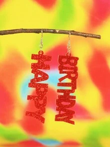 1pair Fashionable Minimalist Happy Birthday Letter Detail Red Carnival Dangle Earrings For Women - HAPPY BIRTHDAY letters red - View 2