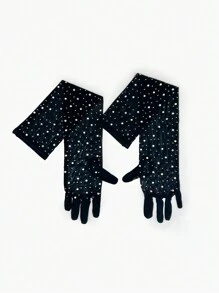 1對鑲有水晶裝飾網狀優雅長款晚禮服手套 - 黑色 - 查看 2