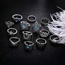 歐美風格時尚復古嘻哈藍寶石蓮花形黑寶石戒指套裝,女士專用 - 戒指多件套 - 查看 4