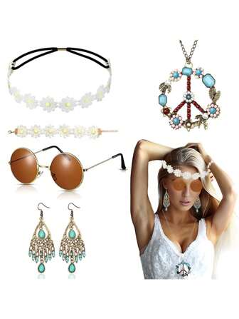 5pcs Hippie Costume Set Include Round Sunglasses, Elastic Daisy Headband, Peace Symbol Necklace, Bohemian Vintage Earrings For Women, 60s 70s Party Outfit Accessories Christmas Prom Halloween