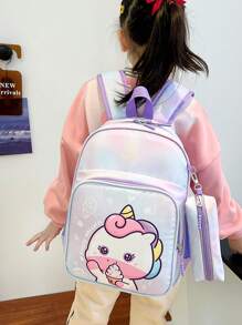 Cartoon Unicorn Print Backpack For Teens, With Pencil Case Included - Purple - View 1