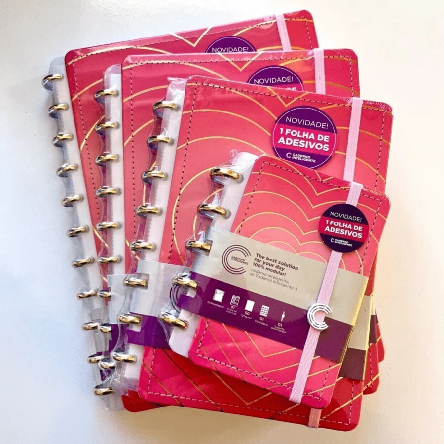 Caderno Inteligente Golden Love | Tamanho Inteligine, A5, Médio ou Grande | Caderno de Discos | Com Discos Dourado Metálico Ouro | Rosa Coração | Capa com Hot Stamping Detalhes Dourados | Degradê em Rosa | Corações - Rosa - Visão 1