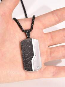 1pc Stainless Steel Square Pendant Embedded With Cubic Zirconia, Onyx Necklace For Men - Black - View 5