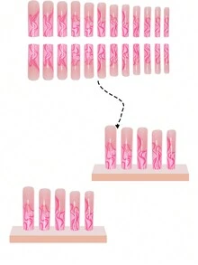 24 件 Xl 棺材形状粉色法式不对称条纹闪光设计假指甲，全覆盖和光泽饰面，1 个随机颜色指甲锉和 1 个胶带，适用于派对、舞蹈、日常佩戴，Abs 材质 - 彩色 - 查看 2