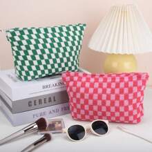 2 Pieces Makeup Bag Large Checkered Cosmetic Bag Pink Green Capacity Canvas Travel Toiletry Bag Organizer Cute Makeup Brushes Aesthetic Accessories Storage Bag For Women