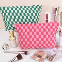 2 Pieces Makeup Bag Large Checkered Cosmetic Bag Pink Green Capacity Canvas Travel Toiletry Bag Organizer Cute Makeup Brushes Aesthetic Accessories Storage Bag For Women