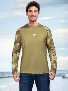 RODEEL Áo thun câu cá ngoài trời dài tay nhanh khô in họa tiết Raglan cho nam - Màu Khaki - Xem 3