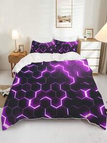 3pcs Soft And Comfortable Hexagon Print Polyester Comforter Cover Set For Bedroom And Guest Room - Includes 1 Comforter Cover And 2 Pillowcases (Core Not Included) - Multicolor - View 4
