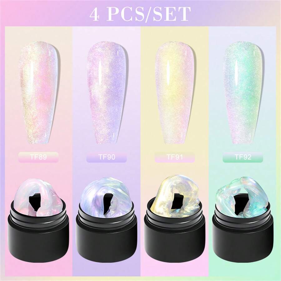 4PCS/Set 8ml Aurora Non Stick Hand Extension Nail Gel Glitter Nails 3D Stereoscopic Carved Paintings Soak Off UV Gel Nail Art Manicure - 彩色 - 查看 1