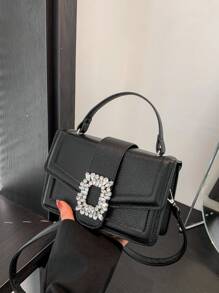 新款小方包时尚斜挎包单肩包水钻装饰翻盖方包适合上班通勤约会逛街 - 黑色 - 查看 6