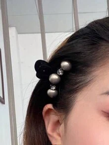 复古发夹简约珍珠侧夹女士女孩发夹发夹黑色花边发饰 - 灰色 - 查看 3